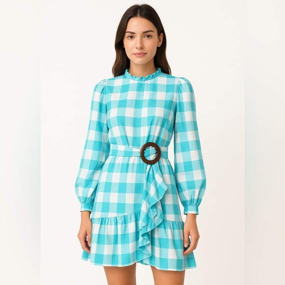 Adriana Degreas Dresses & Skirts - Elegant Turquoise Checkered Long Sleeve Dress Adriana Degreas